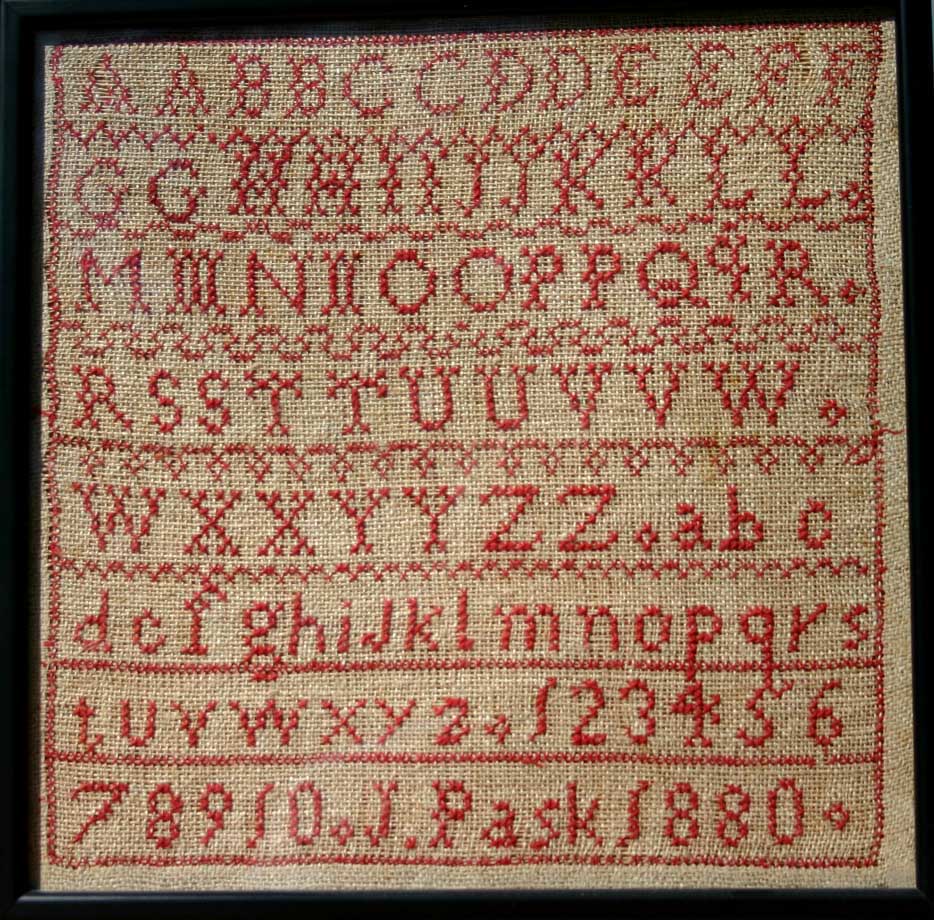Sampler made by Justina Pask in 1880
Photograph kindly provided by her great-niece Roberta Page