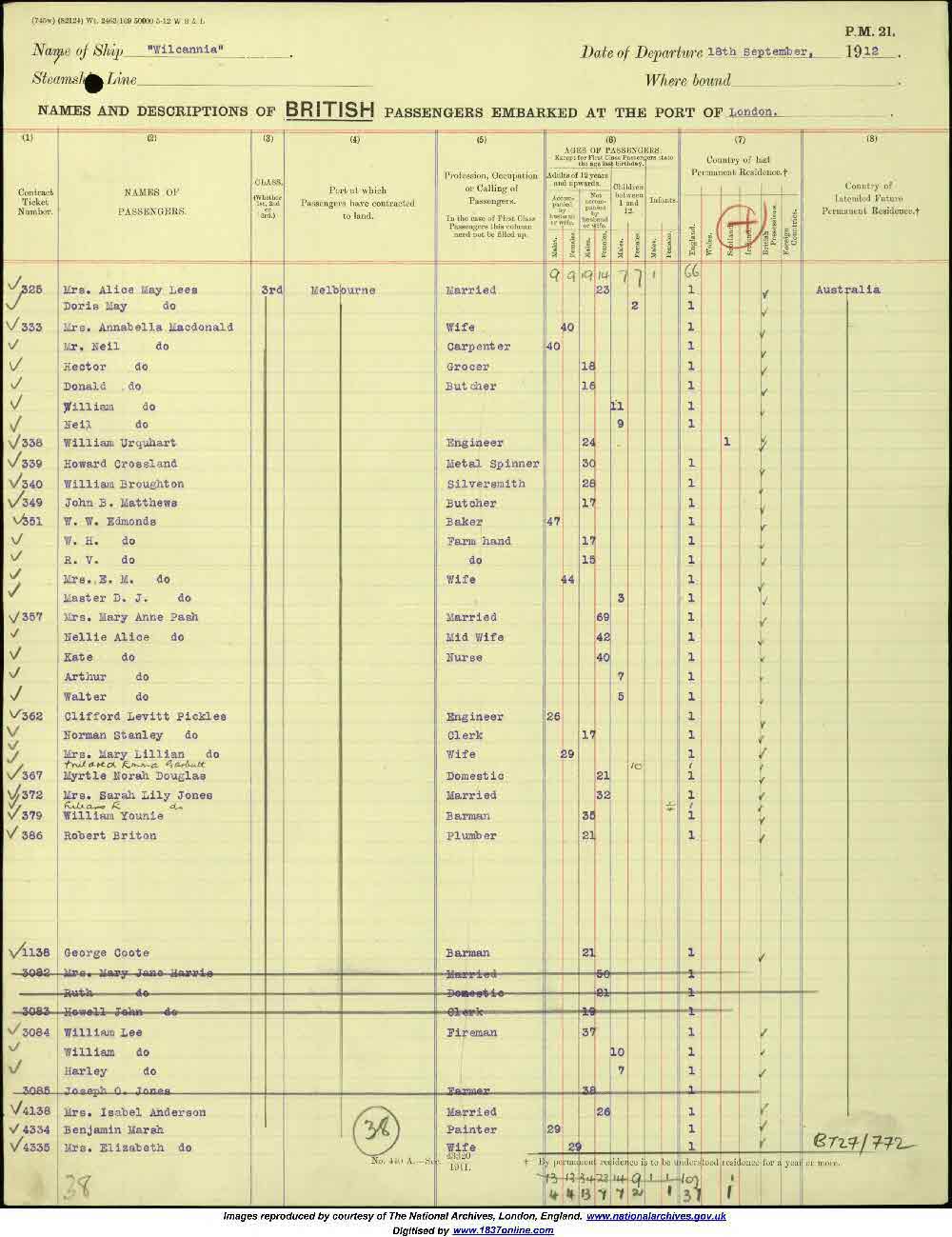 Passenger List of the "Wilcannia", departing 18 September 1912 from London to Australia.
Shows:
Mrs Mary Anne PASH Married aged 69
Nellie Alice PASH Mid Wife aged 42
Kate PASH Nurse aged 40
Arthur PASH aged 7
Walter PASH aged 5
